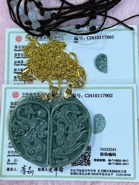 Certified Grade A Couple Green Jade Dragon Pendant